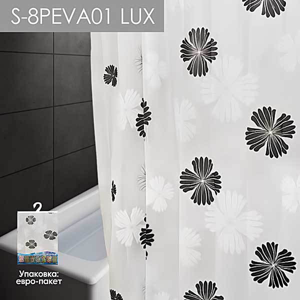 GS-8PEVА01 LUX  Штора д/в 180х180 с кольцами с рисунком (цветы серо-белые) 