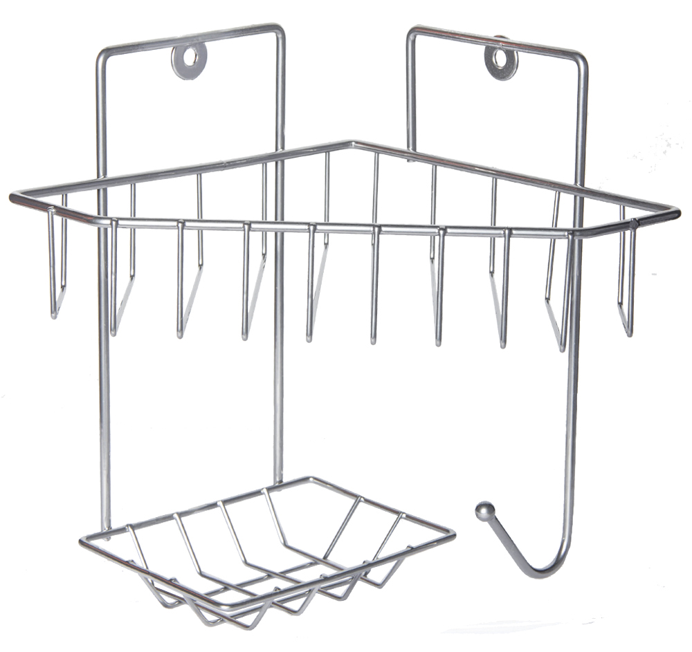 Полка 1-а ярусная угловая трапецевидная корзина с мыльницей и вешалкой хром зеркало ПКТМ-1
