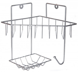 Полка 1-а ярусная угловая трапецевидная корзина с мыльницей и вешалкой хром зеркало ПКТМ-1