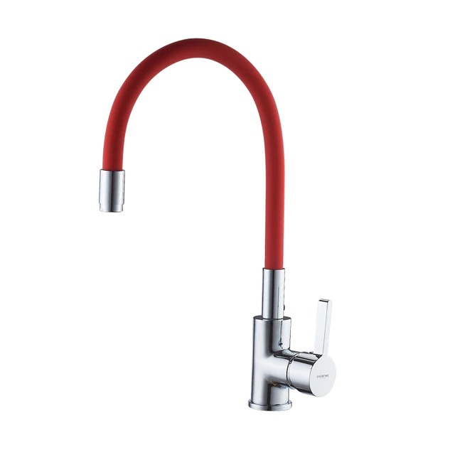 L4898-1 Смеситель для кухни с силиконовым изливом, однорычажный красный/хром латунь LEDEME
